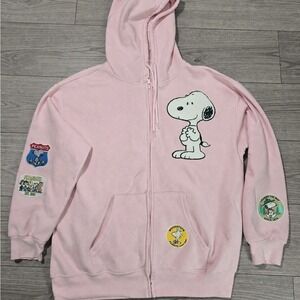 Peanuts Snoopy Pink Zip Hoodie XL Patches Woodstock Graphic Sweatshirt